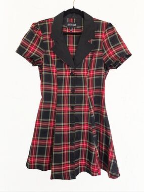 Dolls Kill Current Mood Red Black Plaid Button Up Dress, L